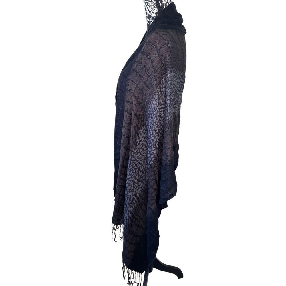 Black Gray Animal Print Lightweight Shawl Scarf Ombre Wrap Metallic Fringe - Picture 5 of 10